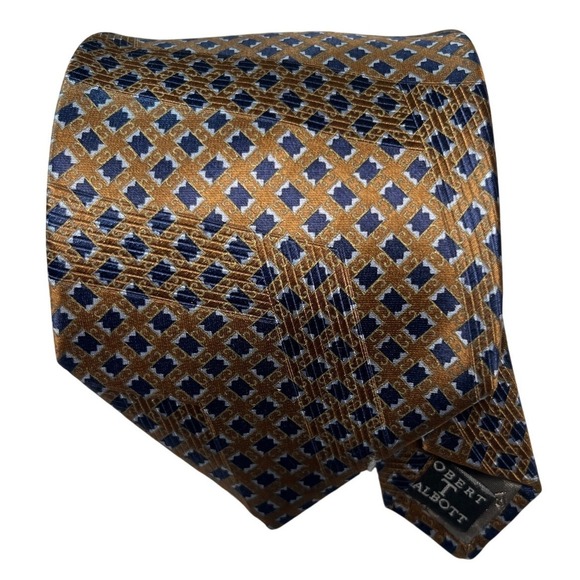 Robert Talbott Wide Silk Tie Brown Blue Geometric Pattern 1990s Y2K Vintage - Picture 1 of 13